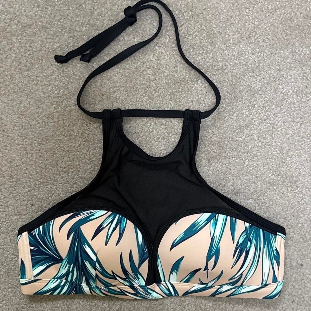 Victorias Secret PINK Tropical Print Padded Active Bra Top Black Teal Large